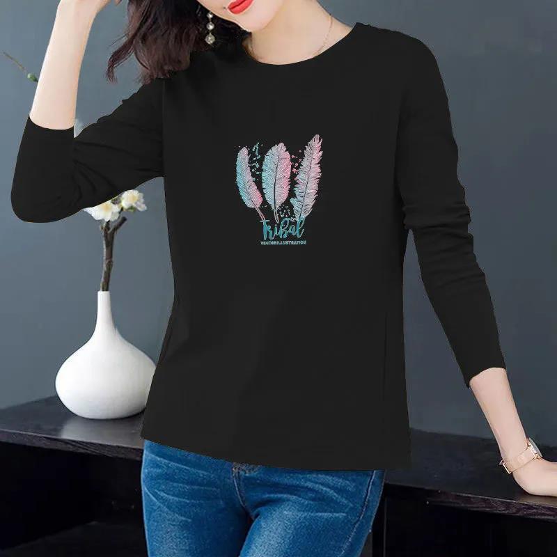 

Хлопковая весенне-осенняя футболка с длинными рукавами в корейском стиле, женская свободная женская футболка больших размеров с круглым вырезом 3XL