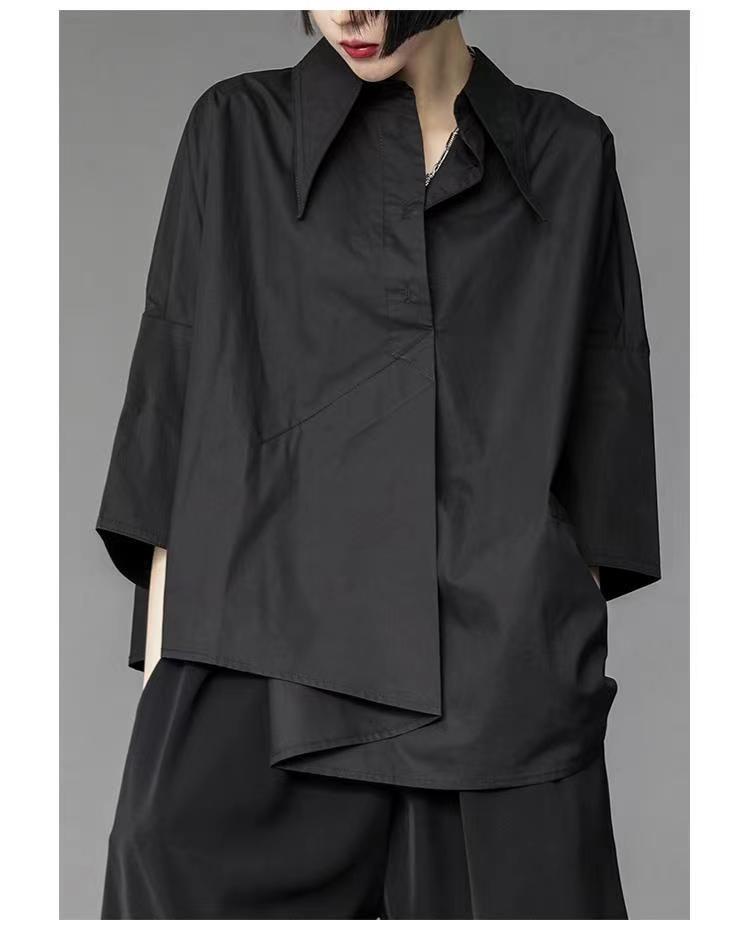 Women's Black Loose-Fit Irregular Top with Three-Quarter Sleeves