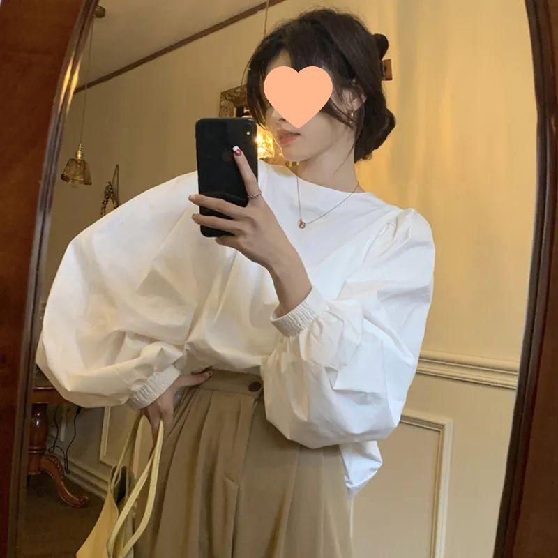2024 Women's French Lantern Sleeve Shirt - Autumn Design, Loose, Age-Reducing, Versatile Round Neck Bubble Long Sleeve Top