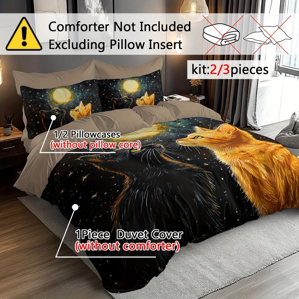 Comforter 2/3 Pieces Of Moonlight Cat Pattern 3D Super Soft Digital Printed Bedding Set : 1 +1/2 S