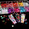 Nagelglitzer-Pailletten, 12 Gitter/Box, Zellstoff, unregelmäßige Flocken, Nagelglitzer, glänzender Laser, mehrfarbig, Nagelkunst-Dekoration