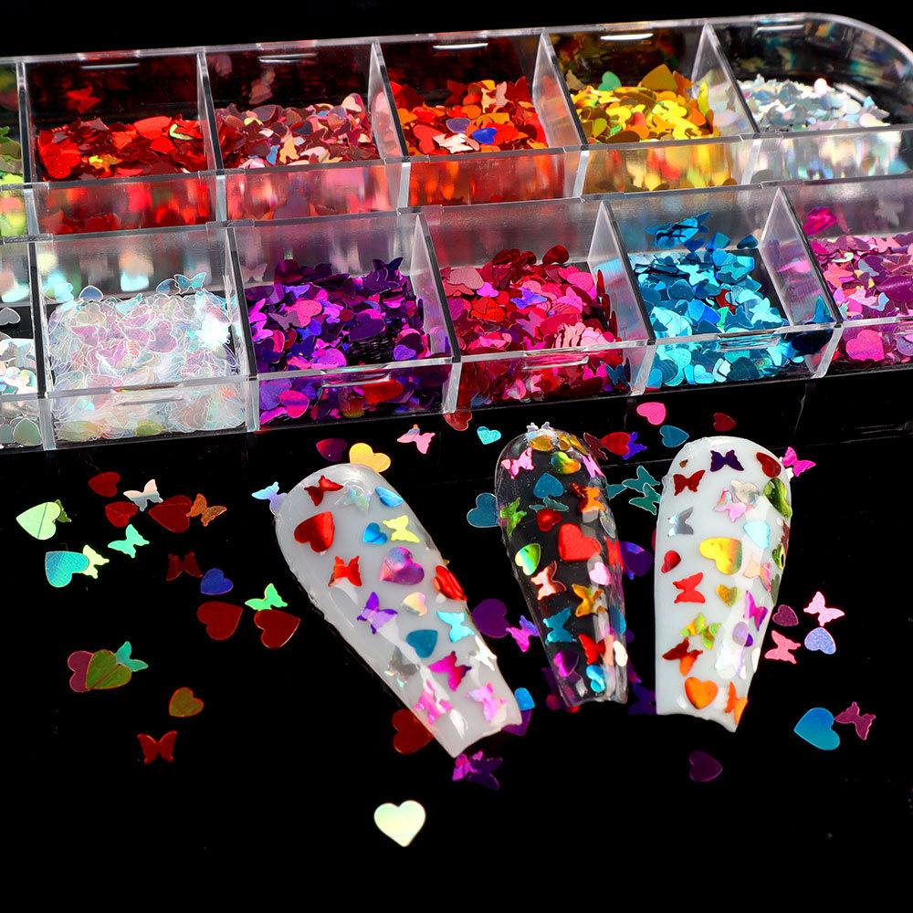 Nagelglitzer-Pailletten, 12 Gitter/Box, Zellstoff, unregelmäßige Flocken, Nagelglitzer, glänzender Laser, mehrfarbig, Nagelkunst-Dekoration