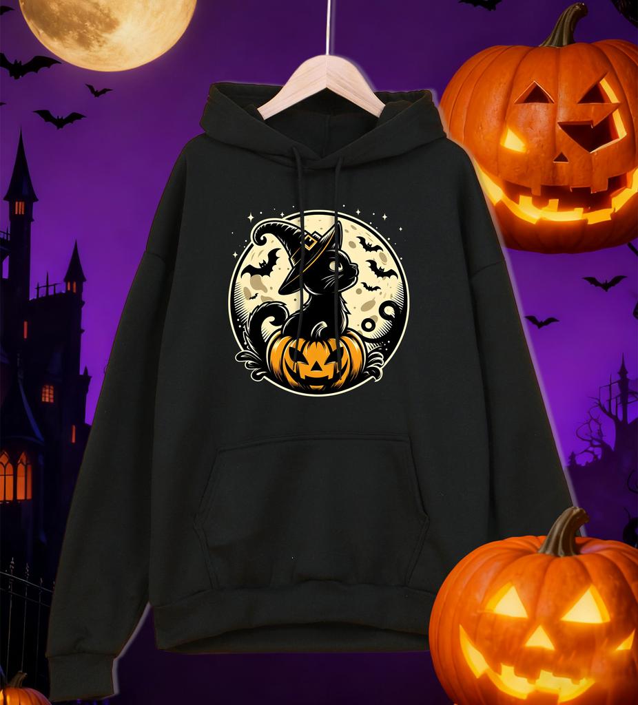 Halloween Kitten Stands On The Pumpkin Printing Men Hoodies Loose Hoody Fleece Casual Streetwear All-Match Comfortable Clothing
