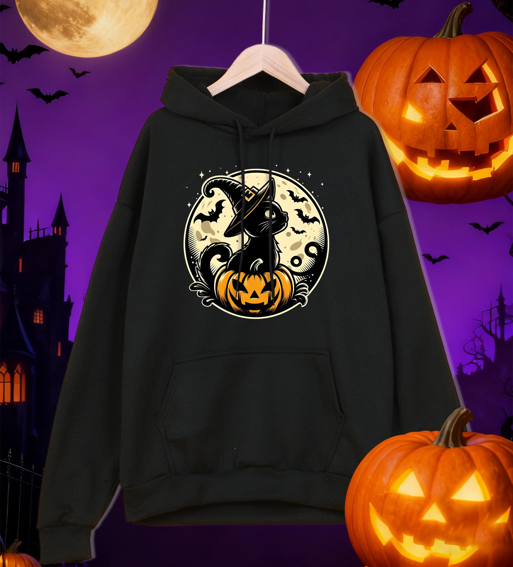 

Halloween Kitten Stands On The Pumpkin Printing Men Hoodies Loose Hoody Fleece Casual Streetwear All-Match Comfortable Clothing 3XL