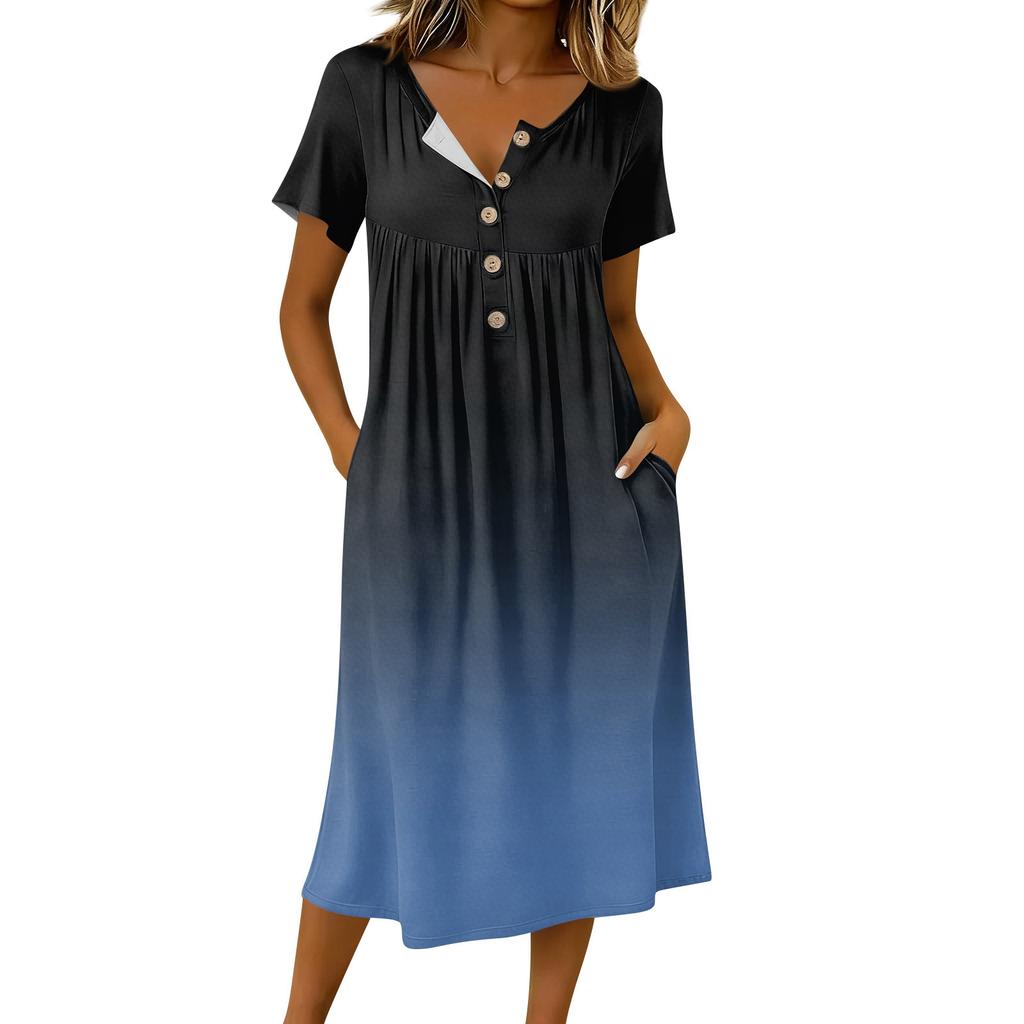Damenmode Farbverlauf Farbe Gedruckt Rundhals Kurzarm Knopfleiste Mittellang Freizeitkleid