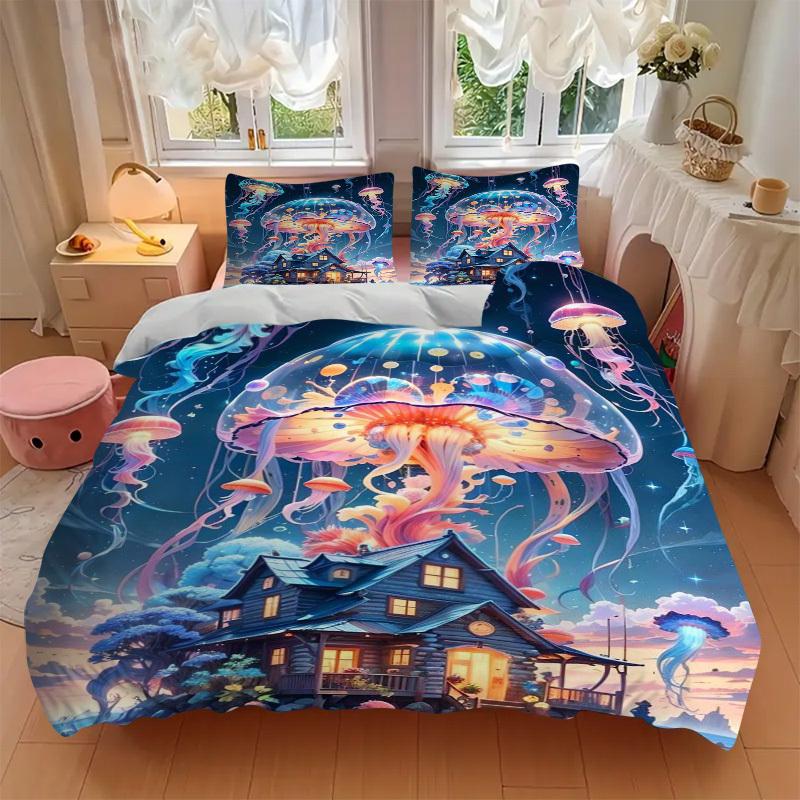 3pcs Anime Jellyfish Bedding Set - Includes One Quilt Cover and Two Pillowcases (No Core) - Perfect for Bedroom and Guest Room Decoration, F