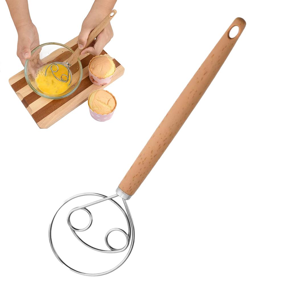 1Pc Bread Beater Wooden Handle Stainless Steel Ring Dough Whisk Egg Beater Mixer Tool Cake Pastry Biscuit Yeast Baking Mixer