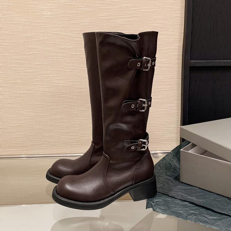 2025 autumn new round head but knee knight boots fashionable retro western boots high boots women
