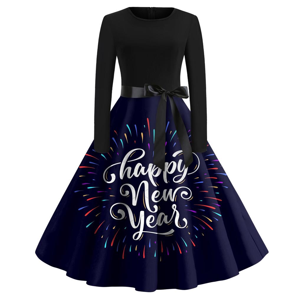 Women's Vintage Classic Dress Long Sleeve 2024 New Year Printed Ound Neck Swing Dress