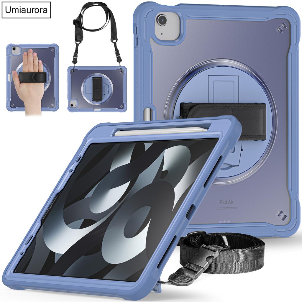 For IPad Air 4 5 10.9 Mini 6 Pro 11 12.9 13 Inch M2 M4 2022 2024 Tablet Case Rotating Hand Strap Stand Shockproof PC Armor Cover