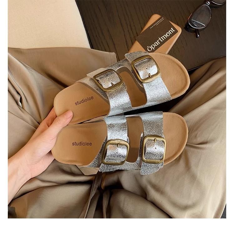 Cowhide Version~ Retro Double Buckle with Thick Bottom To Increase the Height of Beach Cool Slippers for Women