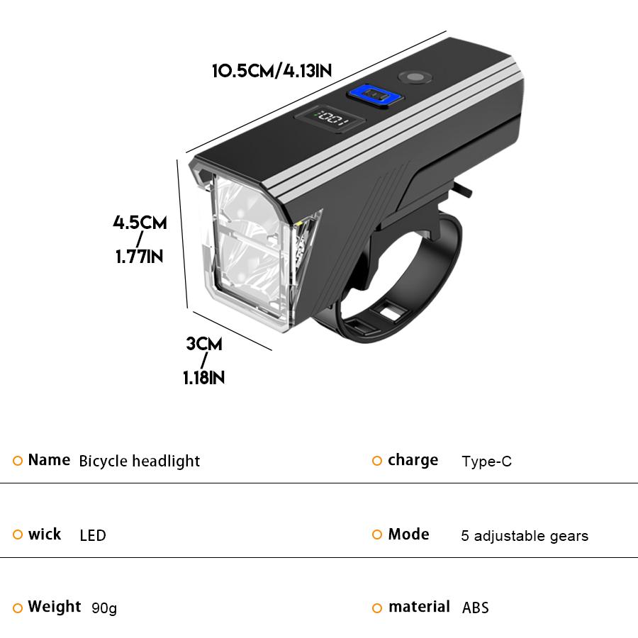 Rechargeable Bicycle Headlight LED Flashlight 5 Lighting Modes Type-C Charge Waterproof Bike Light with Battery Indicator Mount