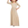 Girls Solid Color Round Neck Long Sleeved Dresses Large Hem Child Long Section Long Dress