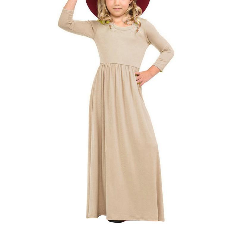 Girls Solid Color Round Neck Long Sleeved Dresses Large Hem Child Long Section Long Dress