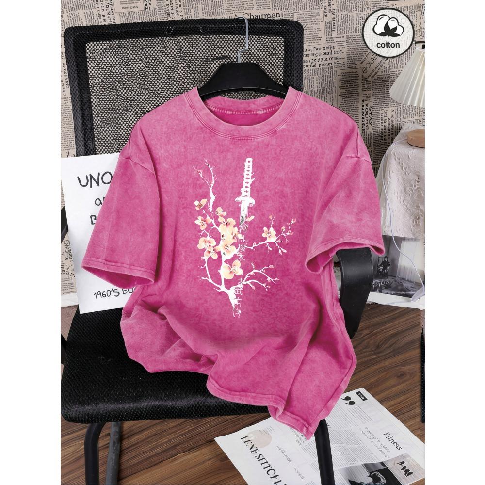 Japanese Cherry Blossom Sword Design Washed T Shirt Women Cotton Summer T-Shirt Casual Y2K Loose Short Sleeves Tops