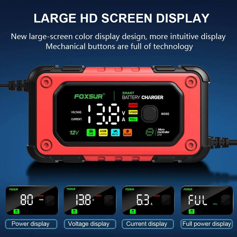 NEW 12V 7A Intelligent Repair Motorcycle Charger FOXSUR Universal Repair Car Battery Charger for Lead Acid LiFePO4 Battery