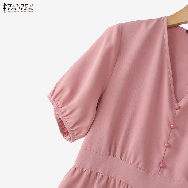 ZANZEA Women Elegant V-Neck Casual Solid Color Short Sleeve Dress