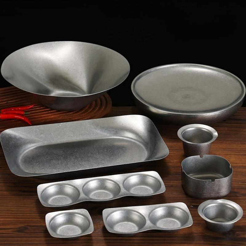 Vintage Stainless Steel Plates Dinnerware Korean Style Barbecue Household Hotel Restaurant Small Plate Sauce Dish Tray Tableware