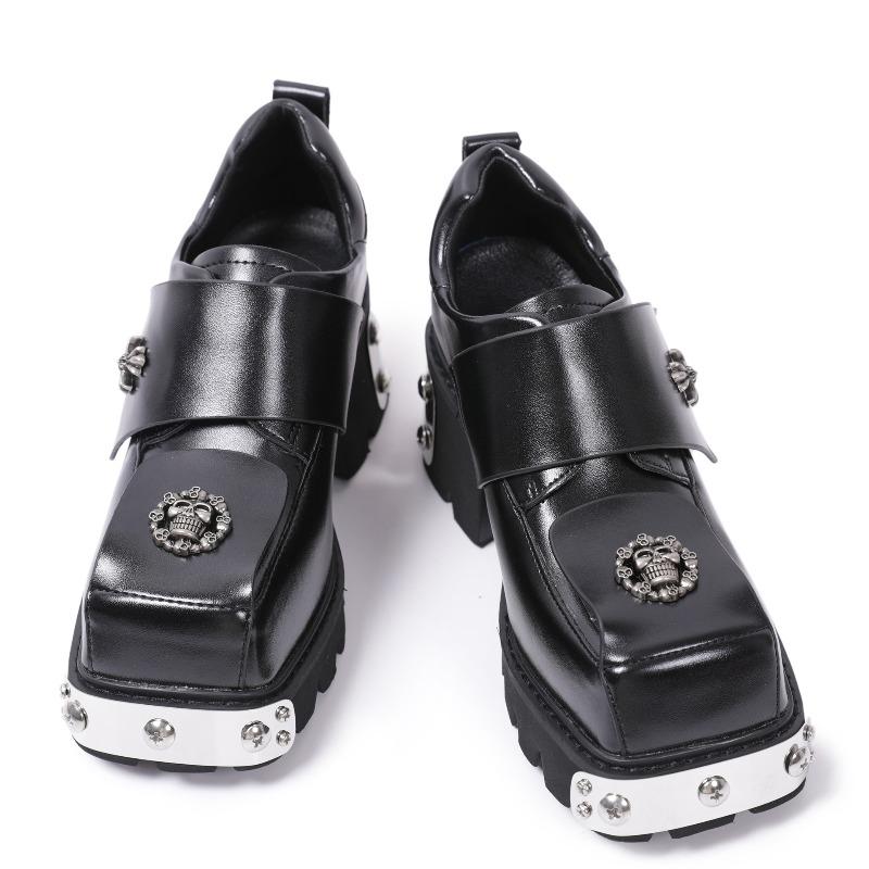 Women's Quality Selection Square Head Design Sense Metal Leather Shoes Women's Retro Thick Sole Low Top Loafers Sandalias Mujer