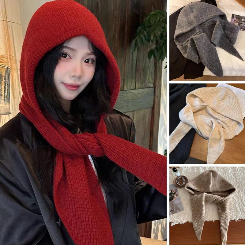 Autumn Winter Warm Hat And Scarf In One Korean Style Plain Casual Knitted Hat