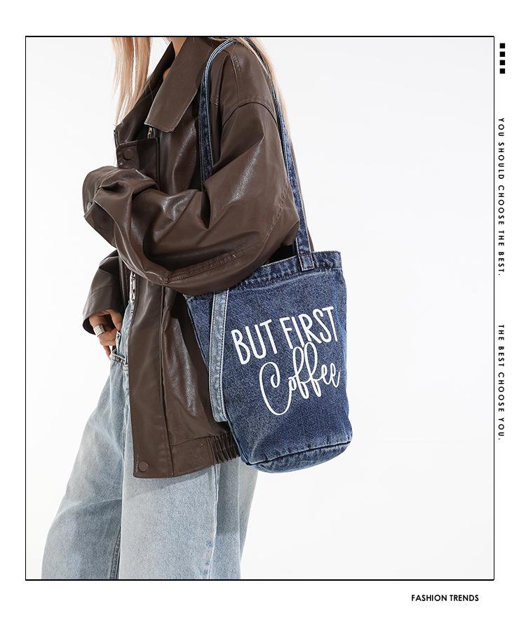Retro Washed Denim Crossbody Handbag - Large Capacity, Printed Single-Shoulder Bag