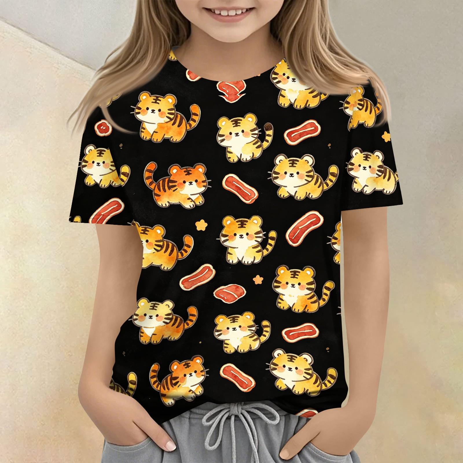 

Kids Animal Print Crew Neck Short Sleeve Casual Loose Fit T Shirt Top Soft Comfortable Fabric Suitable for Everyday Wear 110 чёрный