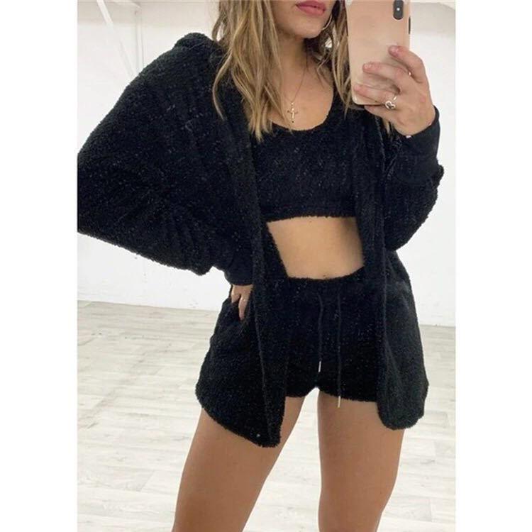 Plush Long-Sleeve Casual Three-Piece Set: Jacket, Vest & Shorts