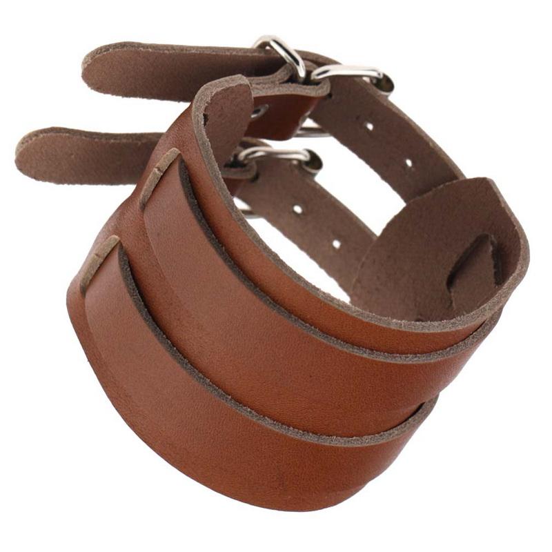 Vintage Genuine Leather Punk Bracelet Double Buckle Wide Cuff Wristband for Men Women Gothic Jewelry