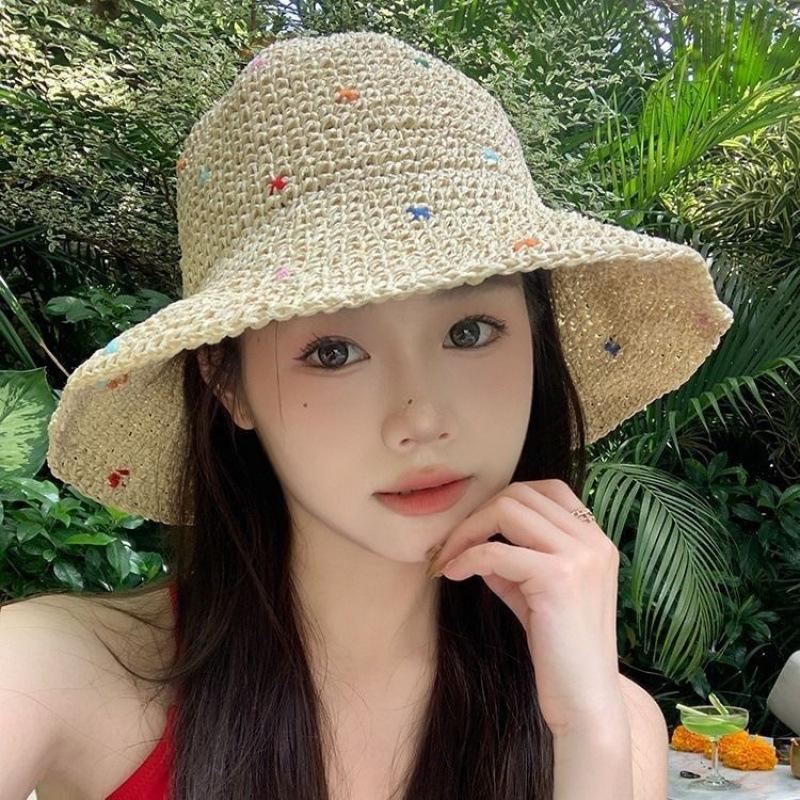Big eaves colorful sweet hand-woven straw bucket hat women's new breathable versatile handmade hat sunscreen sunshade basin hat