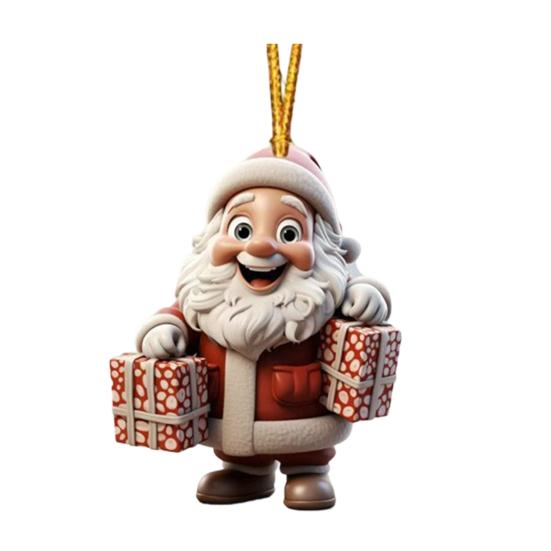 Christmas Ornament Smiling Santa Claus Holding Gift Pendant 3D Effect Acrylic Hanging Pendant Festive Home Decor