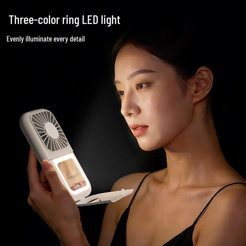 26-Year New Model: Portable Makeup Mirror Fan with Cooling, Foldable Fill Light, Digital Display, Neck Hanging Feature for Students