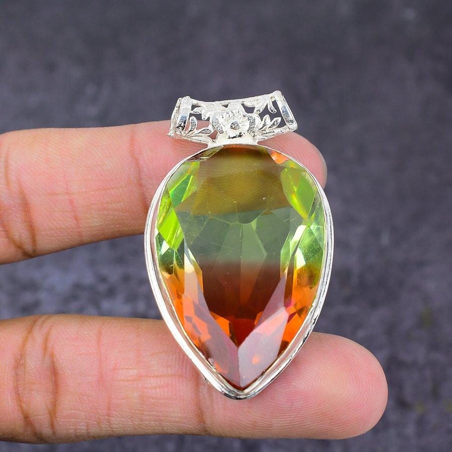 Bi-Color Tourmaline Gemstone Handmade 925 Sterling Silver Pendant 2.05" T7g11