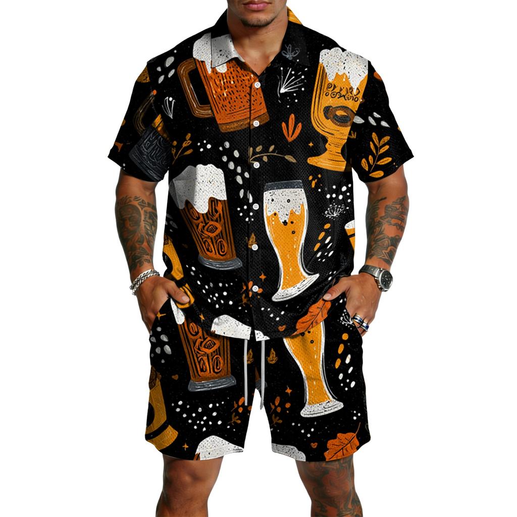 Herren Casual Kurzarmhemd und Shorts Set Bierfest Druck Knopfleiste Leichtes Sommeroutfit Entspannte Passform