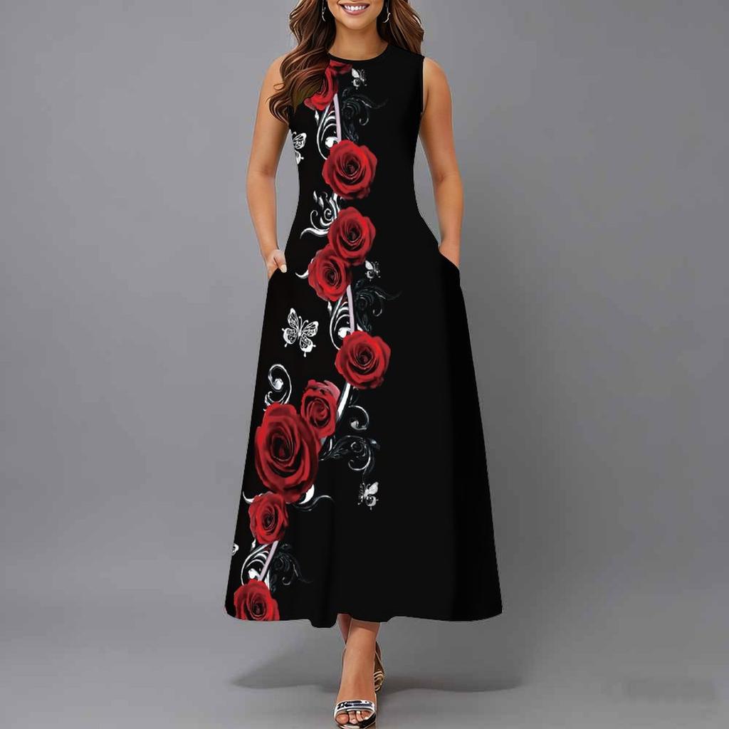 Oversized Women Sleeveless Round Neck Dress Dense Floral Printed Flowy Mid Calf Gown