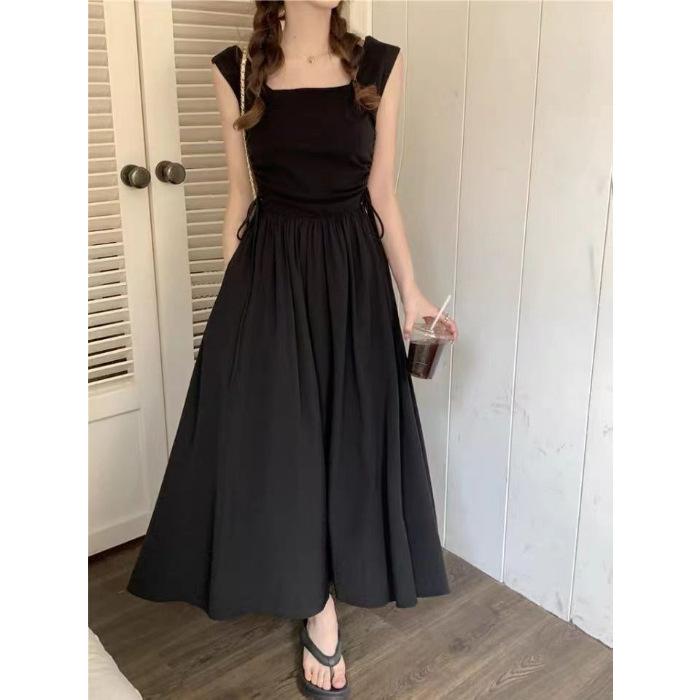 

First love design dress women s summer waist drawstring splicing gentle wind waist thin temperament long skirt 2XL чорний