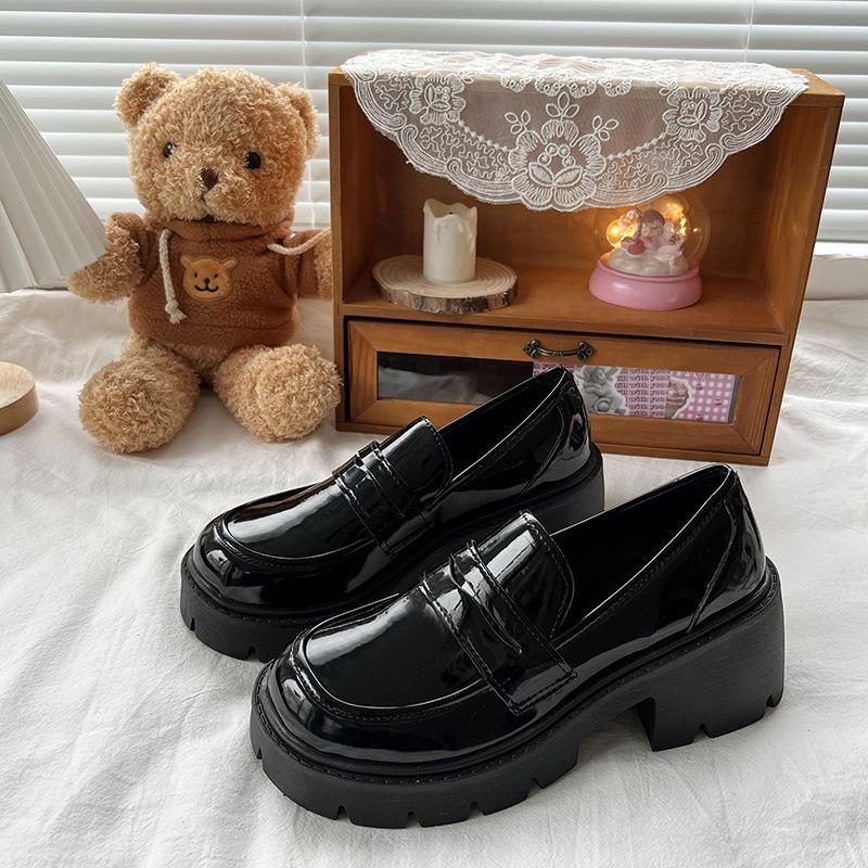 Patent leather British lace-up jk small leather shoes women's round head versatile platform soles students with skirts two wear loafers