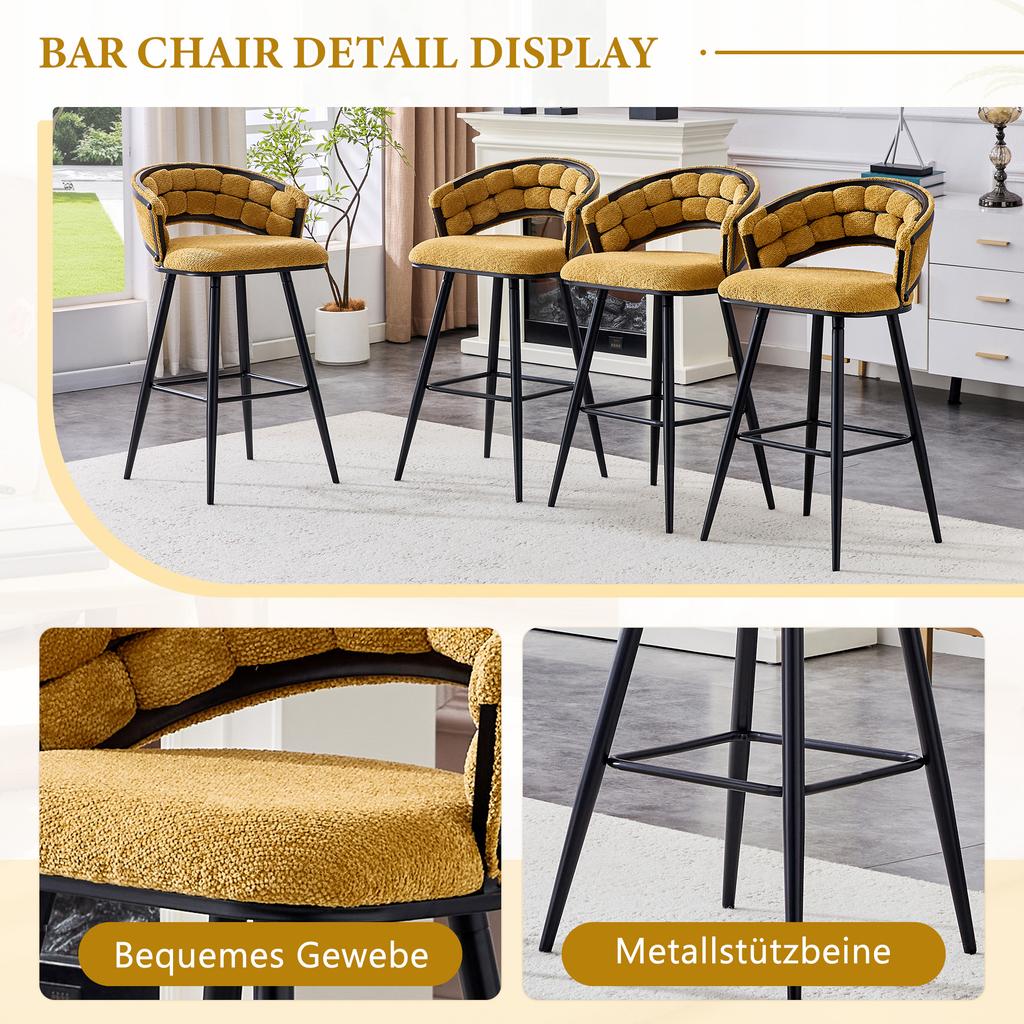 Set aus 2 gelben Samt-Vorhangstühlen mit schwarzen Eisenbeinen, moderne Barhocker für den Heimbereich der Hausbar
