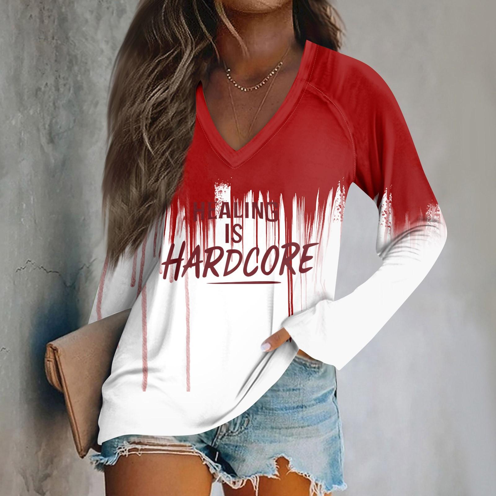 

Женский модный повседневный топ с длинным рукавом и принтом на Хэллоуин с V-образным вырезом M винный