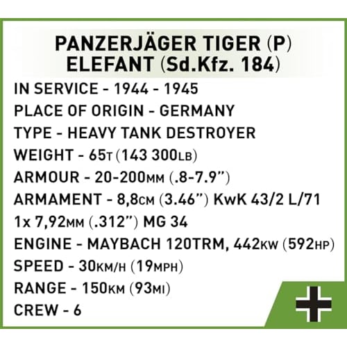 COBI 2582 Panzerjager Tiger Elefant HC WWII 1:28 Brick Model Tank 1252pcs