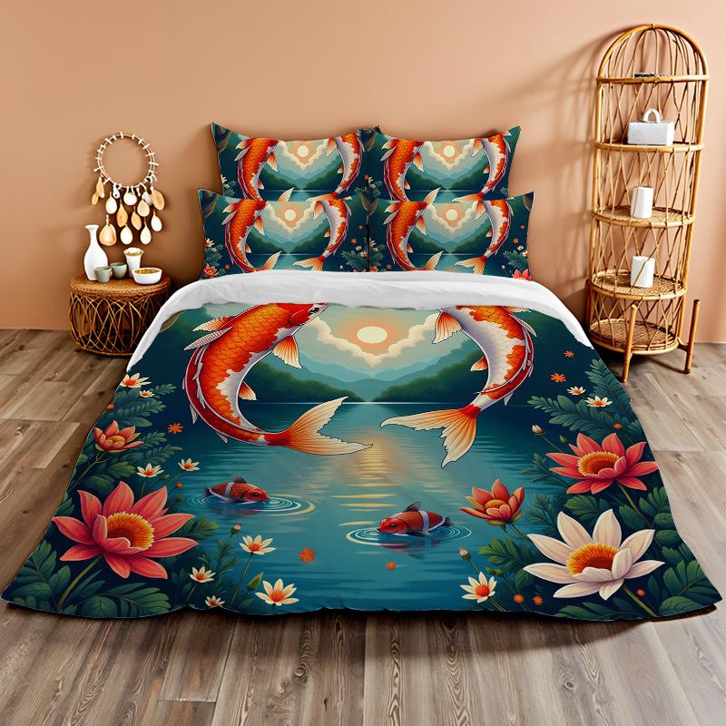 3D Digital Printing Bedding Two Or Three-Piece Set Koi Rich Flower Polyester Quilt Cover