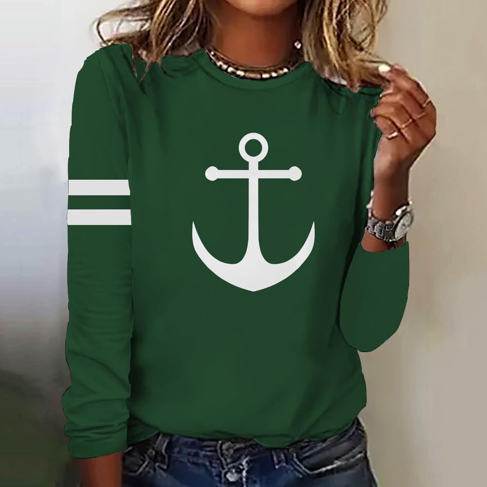 Herbst Frauen T Shirt Langarm Tops Anker Grafik Weibliche Kleidung Alltägliche Streetwear Oansatz Pullover Für frauen Tees 2023