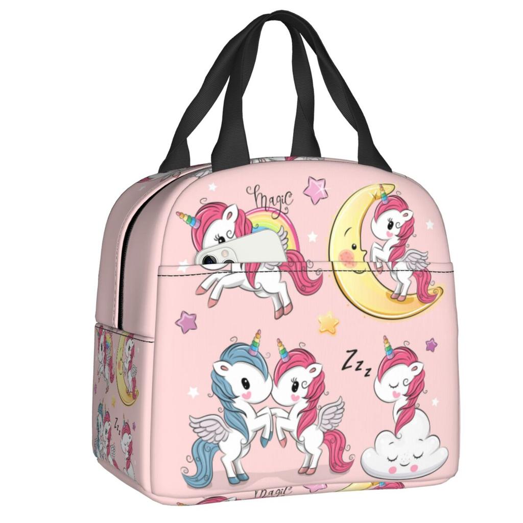 Bonito Unicornio Sentado en la Luna Lonchera Portátil para Mujer Enfriador Impermeable Térmico Aislado para Alimentos Bolsa de Almuerzo para Escolares Niños Estudiantes