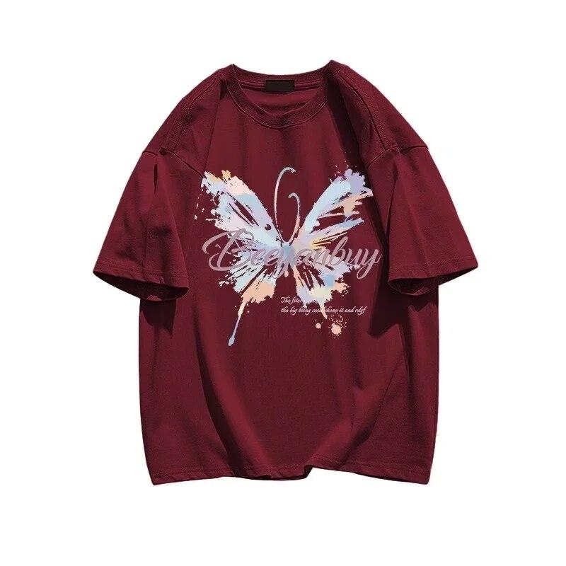 Sommer Uformelle y2k topper T-skjorter harajuku overdimensjonert sommerfugltrykk i ren bomull T-skjorte Grafisk Dame T-skjorter Hipster kawaii klær