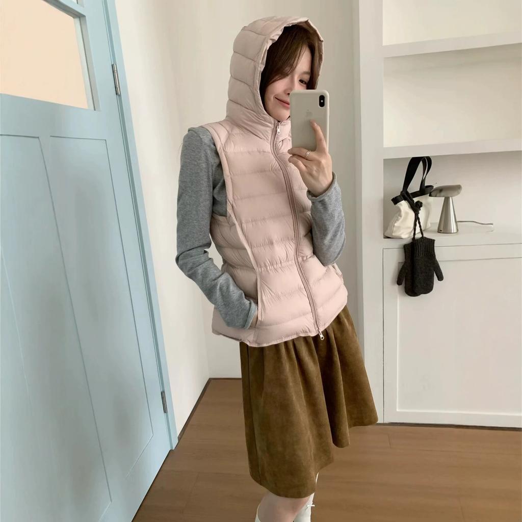 [Spot white duck down] New hooded ribs vest autumn and winter warm down vest women