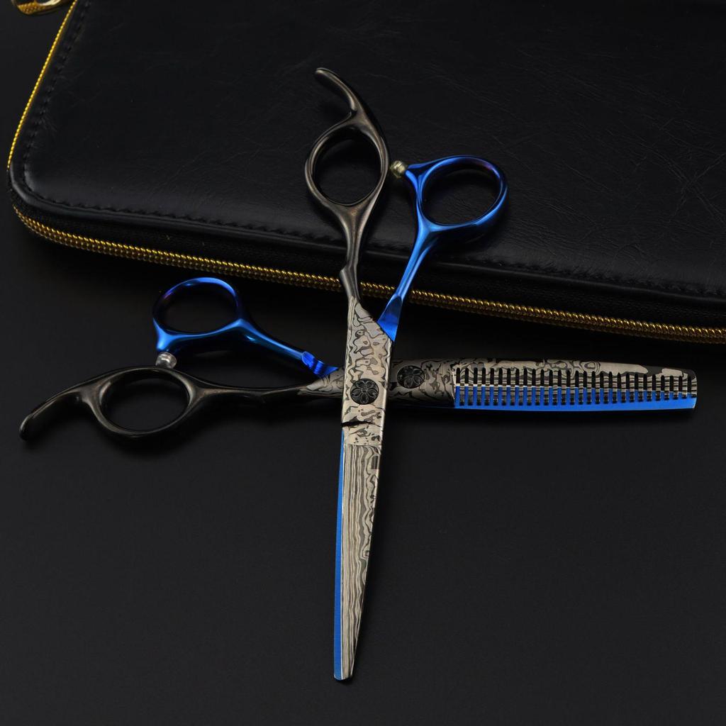 6.0-Inch Black Blue Damascus Barber Scissors & Thinning Shears for Hairdressing