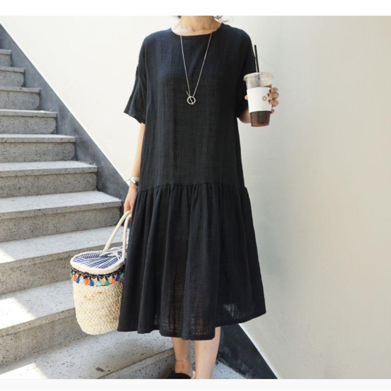 Kong Style Plus Size Women's Clothing Leather Pink with Round Neck Cotton and Linen Simplicity Casual Mid Length Long Length Short Sleeve Dress Dress