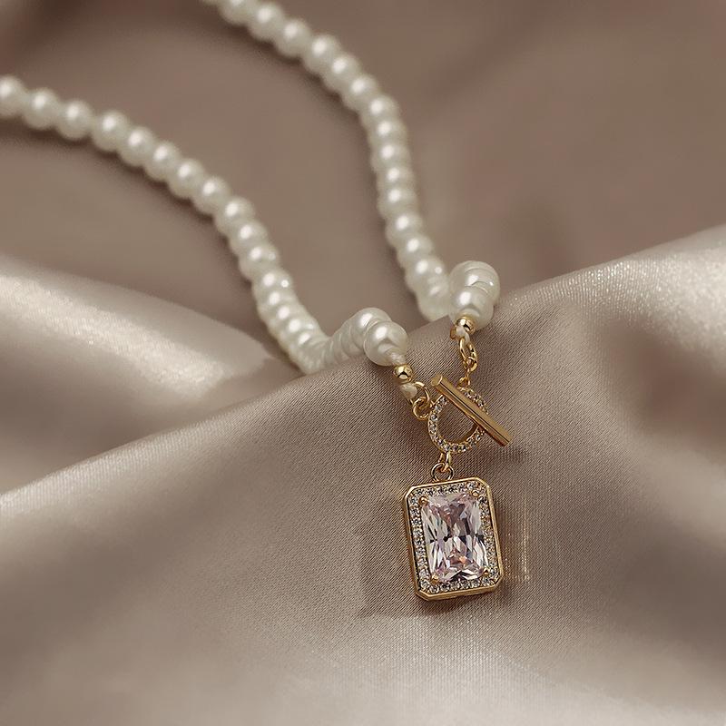 

Ожерелье в корейском стиле из квадратных жемчужин из стекла и циркония с OT-застежкой - Модная женская цепочка на ключицу