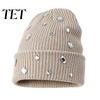Punk Style Hat with Rhinestones Bling Rhinestone Knitted Hat, Street Knit Winter Fashionable Autumn Headwear Warm Skull Cap for Women Fashion