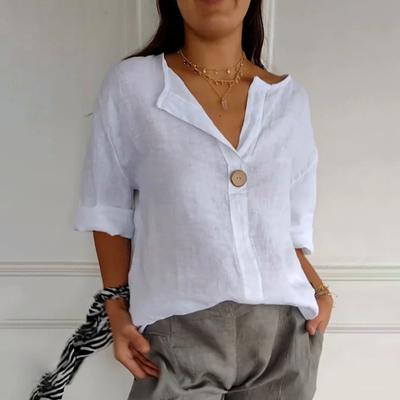 Damen-Shirt mit V-Ausschnitt, Knopfdekor, 3/4-Ärmel, Pullover, Oberteile, lockere Passform, Basic-Ausschnitt, einfarbig, Sommer-Shirt