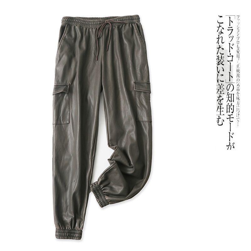 PU Leather Cargo Pants Winter New Arrival Foreign Trade Women's Clothing Fashion Elastic High Waist Multi-Pocket Drawstring Pants 27751